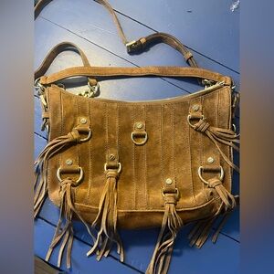 Michael Kors Tan Convertible Suede Presley Bag with Fringe